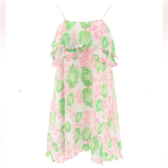 Ganni Floral Pleated Layered Mini Dress Pink and Green Size S NWT - Picture 3 of 16